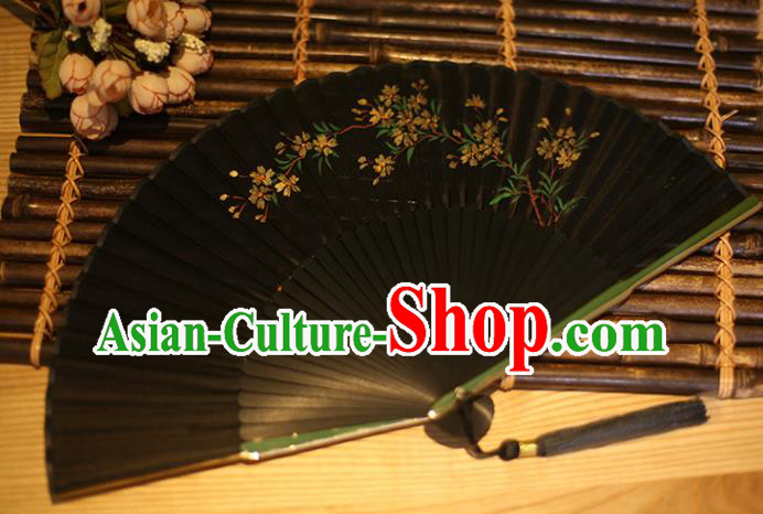China Classical Folding Fan Black Silk Fans Printing Flowers Fan Traditional Accordion