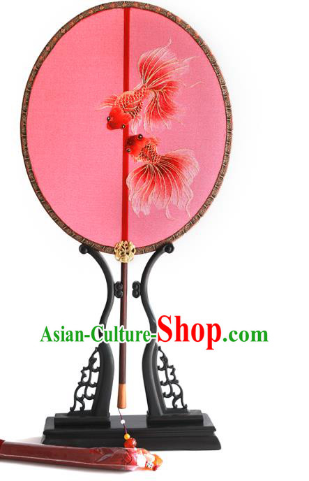 China Wedding Red Silk Fan Traditional Hanfu Circular Fan Handmade Embroidered Goldfish Palace Fan