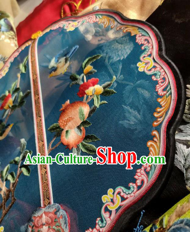China Traditional Court Hanfu Fan Handmade Embroidered Pomegranate Palace Fan Wedding Blue Silk Fan