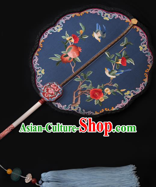China Traditional Court Hanfu Fan Handmade Embroidered Pomegranate Palace Fan Wedding Blue Silk Fan