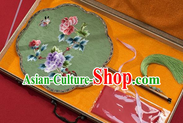 China Ancient Hanfu Palace Fan Embroidered Peony Fan Traditional Green Silk Fans