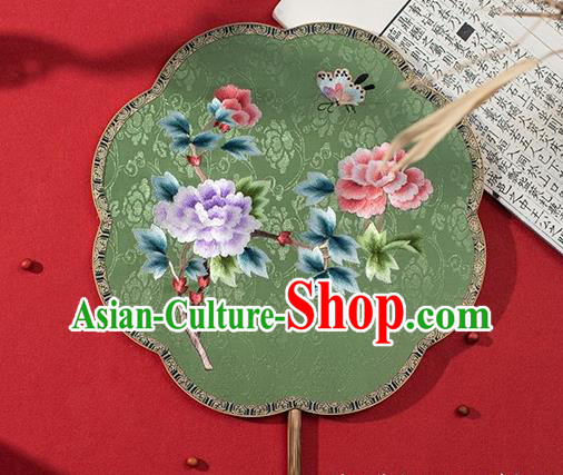 China Ancient Hanfu Palace Fan Embroidered Peony Fan Traditional Green Silk Fans
