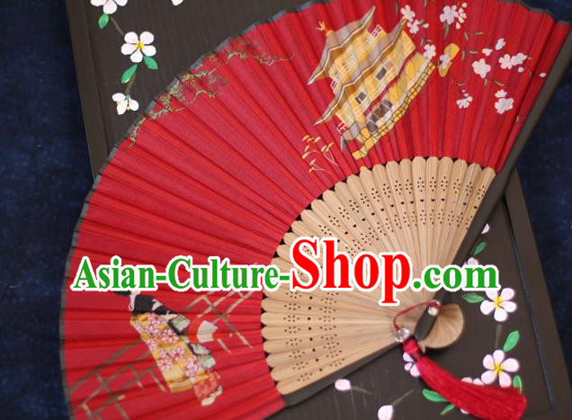 China Classical Red Silk Fans Printing Fan Traditional Japan Kimono Accordion Folding Fan