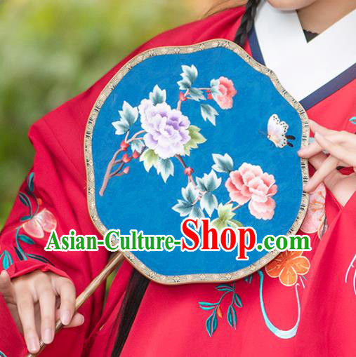 China Embroidered Peony Fan Traditional Blue Silk Fans Ancient Hanfu Palace Fan