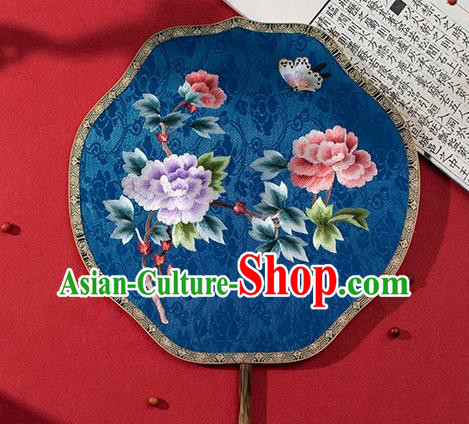 China Embroidered Peony Fan Traditional Blue Silk Fans Ancient Hanfu Palace Fan