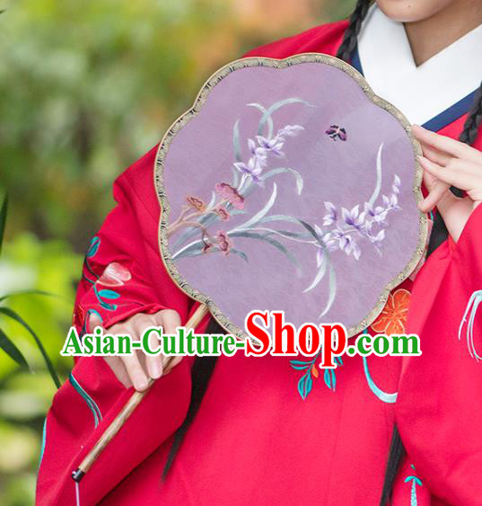 China Embroidered Orchids Fan Ancient Noble Lady Palace Fan Traditional Hanfu Lilac Silk Fans