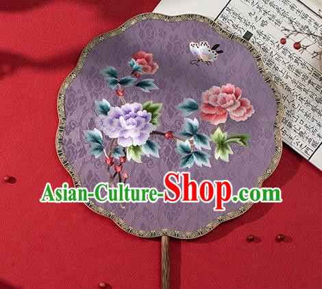 China Traditional Hanfu Lilac Silk Fans Embroidered Peony Fan Ancient Noble Lady Palace Fan