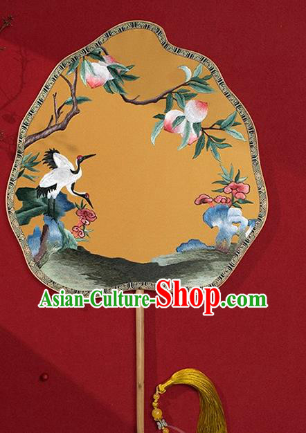 China Ancient Empress Palace Fan Traditional Hanfu Yellow Silk Fans Embroidered Peach Crane Fan