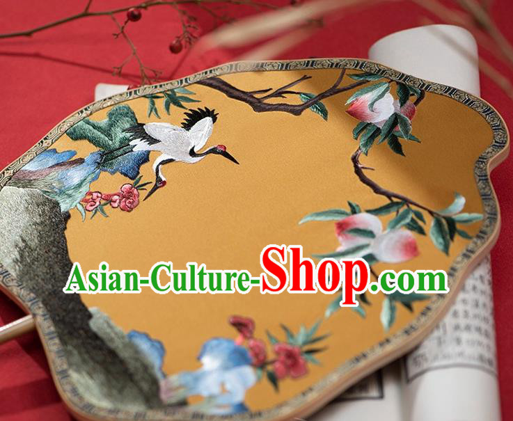 China Ancient Empress Palace Fan Traditional Hanfu Yellow Silk Fans Embroidered Peach Crane Fan