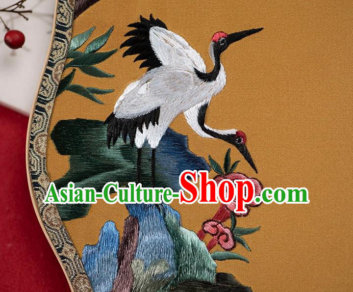 China Ancient Empress Palace Fan Traditional Hanfu Yellow Silk Fans Embroidered Peach Crane Fan