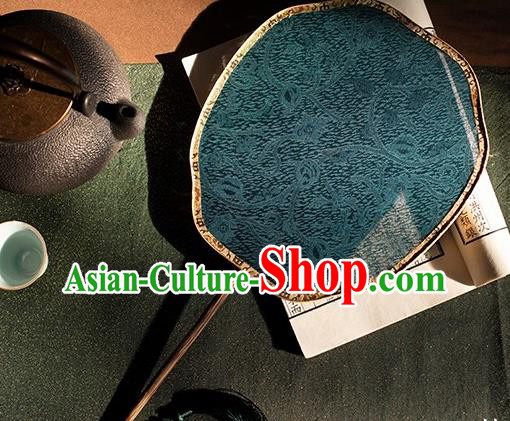 China Handmade Song Dynasty Hanfu Bamboo Circular Fan Traditional Peacock Blue Silk Palace Fan