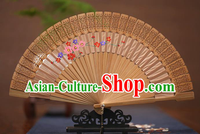 China Printing Flowers Fan Traditional Sandalwood Accordion Folding Fan Classical Fans