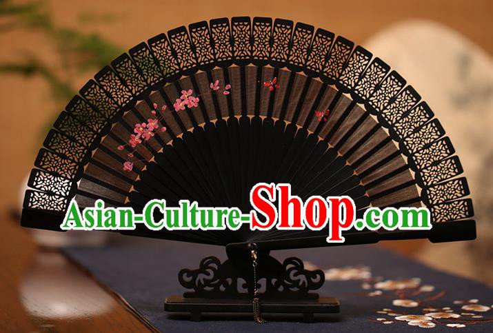 China Folding Fan Classical Fans Printing Flowers Black Fan Traditional Sandalwood Accordion