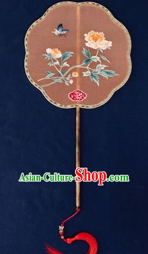 China Princess Mottled Bamboo Fan Hanfu Handmade Embroidered Peony Palace Fan Traditional Wedding Orange Silk Fan