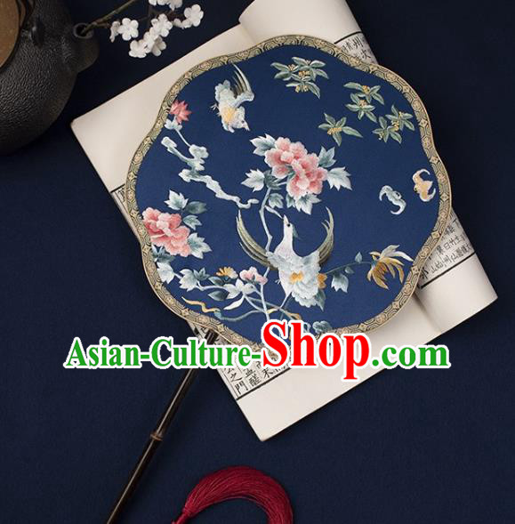 China Handmade Embroidered Phoenix Peony Palace Fan Princess Mottled Bamboo Fan Traditional Hanfu Blue Silk Fan