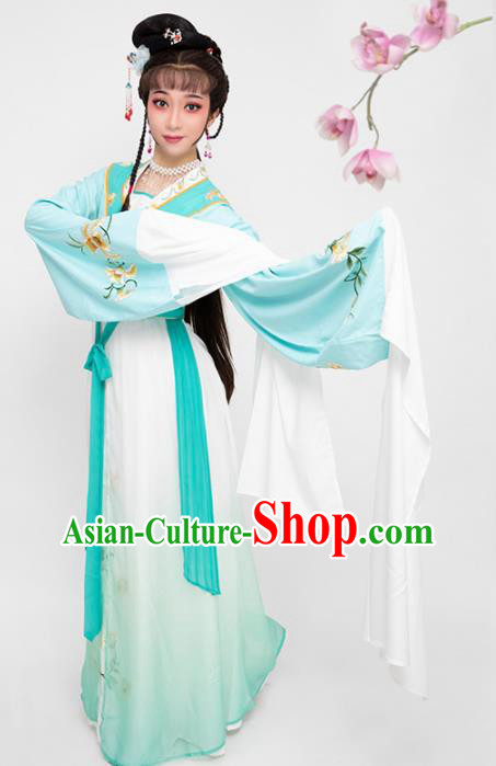 China Shaoxing Opera Young Beauty Garment Costumes Traditional Beijing Opera Diva Blue Dress Clothing and Headpieces