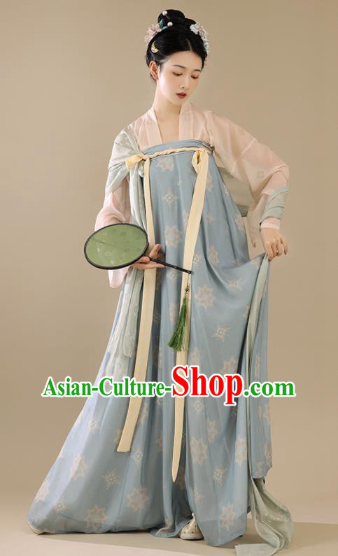 Chinese Traditional Tang Dynasty Young Lady Garment Costumes Ancient Hanfu Clothing Blue Qixiong Ruqun Hanfu Dress