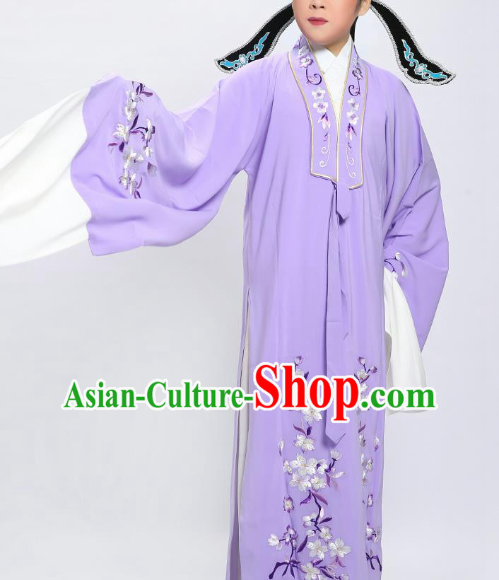 Chinese Yue Opera Scholar Embroidered Violet Overcoat Traditional Shaoxing Opera Xiaosheng Cape and Hat