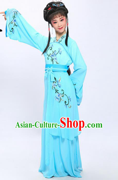 China Shaoxing Opera Xiaodan Embroidered Blue Dress Clothing Traditional Yue Opera Palace Lady Garment Costumes