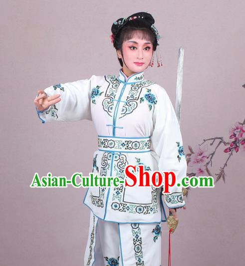 China Traditional Peking Opera Dao Ma Dan Garment Costumes Shaoxing Opera Swordswoman White Dress Clothing