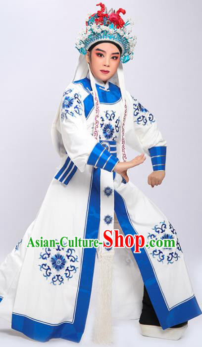Chinese Yue Opera General White Robe Clothing Traditional Shaoxing Opera Martial Arts Male Garment Costumes and Hat