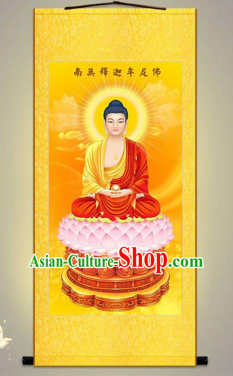 Chinese Hand Painting Shakyamuni Scroll Picture Artwork Traditional Buddhism Painting Silk Fabric Buddha Figure