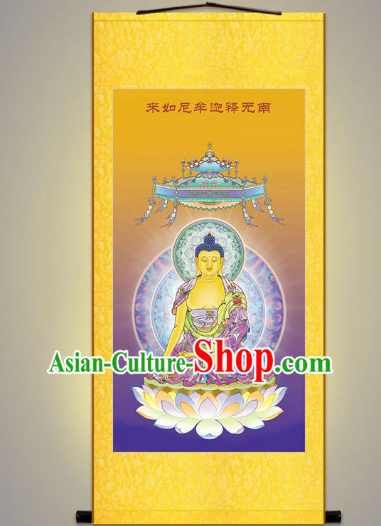 Chinese Silk Fabric Buddha Figure Hand Painting Shakyamuni Scroll Picture Artwork Traditional Buddhism Painting