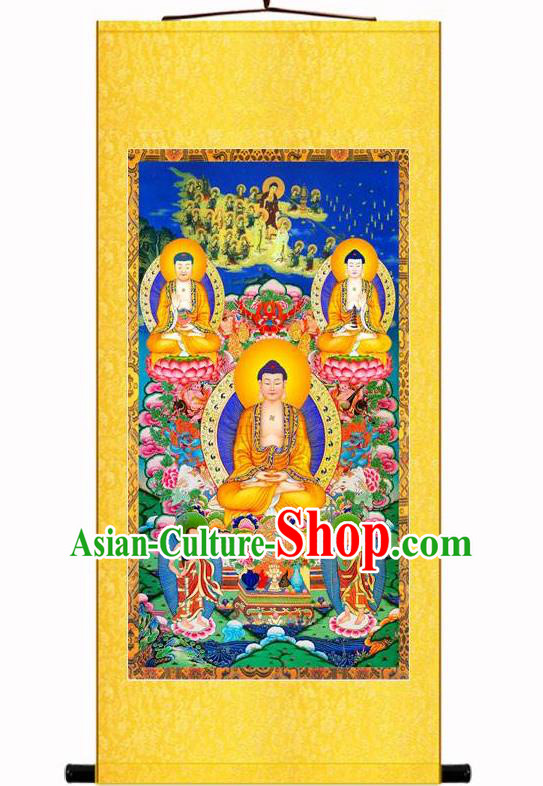 Chinese Silk Fabric Buddha Figure Picture Hand Painting Shakyamuni Scroll Artwork Traditional Buddhism Painting