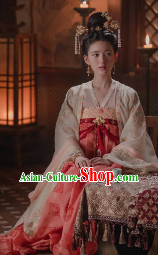 Chinese Drama The Long Ballad Li Le Yan Clothing Tang Dynasty Princess Garment Costumes Traditional Red Hanfu Ruqun Dress and Headdress