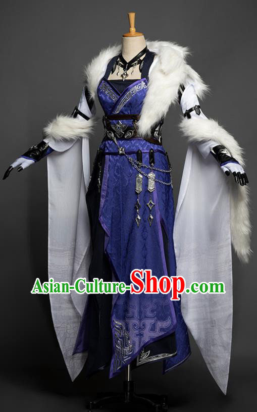 China Ancient Blade Woman Garment Costumes Game Jian Xia Qing Yuan Clothing Cosplay Female Swordsman Blue Dresses
