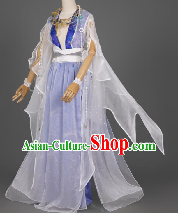 China Cosplay Goddess Garment Costumes Traditional Hanfu Dance Apparels Ancient Young Lady Blue Dress Clothing