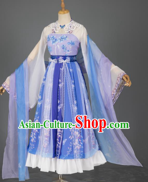 China Traditional Hanfu Fairy Apparels Ancient Princess Blue Wisteria Dress Clothing Cosplay Goddess Garment Costumes