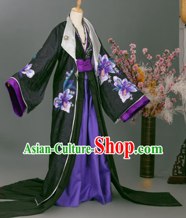 China Ancient Swordsman Printing Black Clothing Cosplay Noble Childe Garment Costumes Traditional Xian Xia Chief Hanfu Apparels