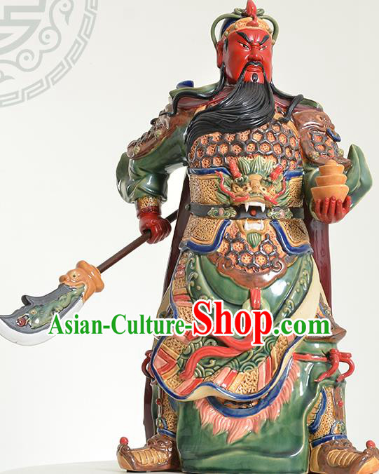 Chinese Shi Wan Figurine Guan Yu Statue Handmade Ceramic Arts Guan Gong Sculptures