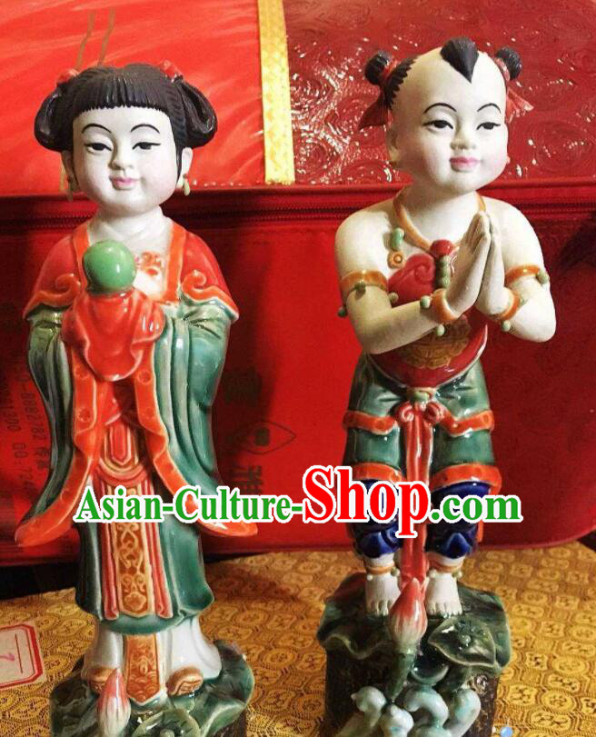 Chinese Shi Wan Ceramic Craft Long Lv Hong Hai Er Statues