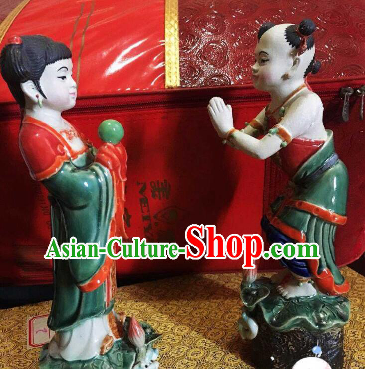 Chinese Shi Wan Ceramic Craft Long Lv Hong Hai Er Statues