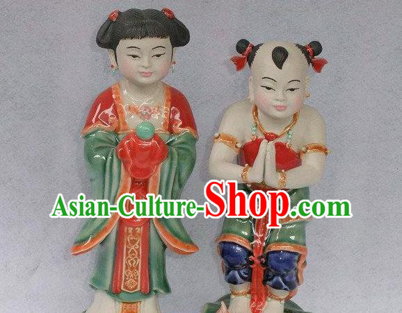 Chinese Shi Wan Ceramic Craft Long Lv Hong Hai Er Statues