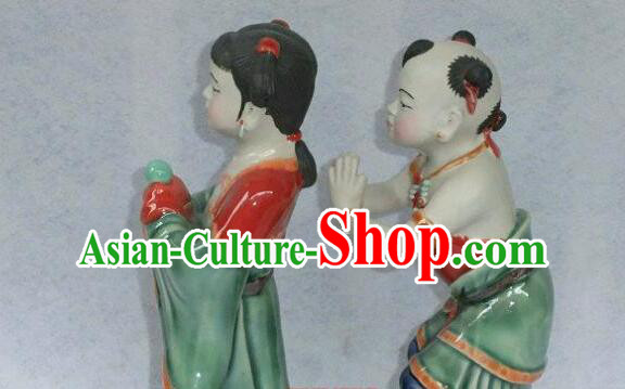 Chinese Shi Wan Ceramic Craft Long Lv Hong Hai Er Statues