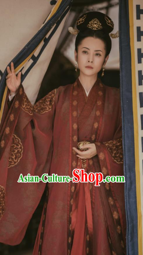 Chinese Drama The Long Ballad Empress Clothing Ancient Queen Garment Costumes Traditional Rust Red Hanfu Dress and Headpieces