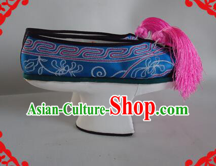 China Ancient Empress Embroidered Shoes Qing Dynasty Princess Blue Satin Shoes Traditional Court Saucers Shoes