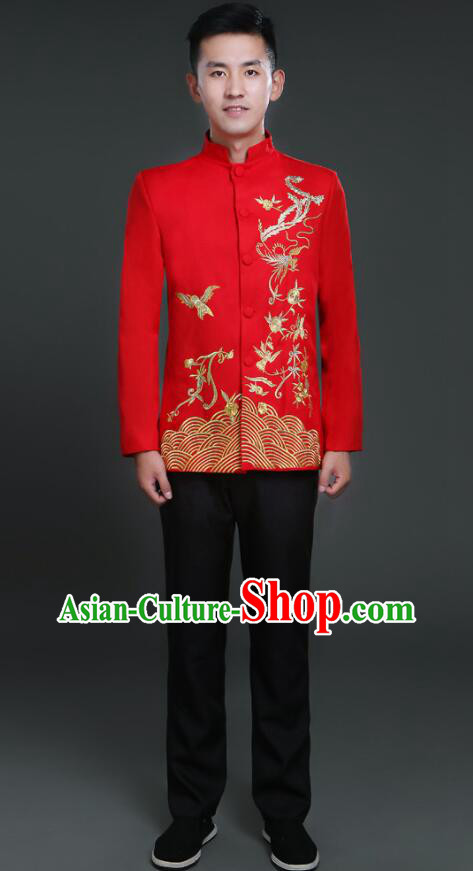 Chinese Zhongshan Clothing Tang Suits Traditional Wedding Suits Embroidered Phoenix Groom Costumes
