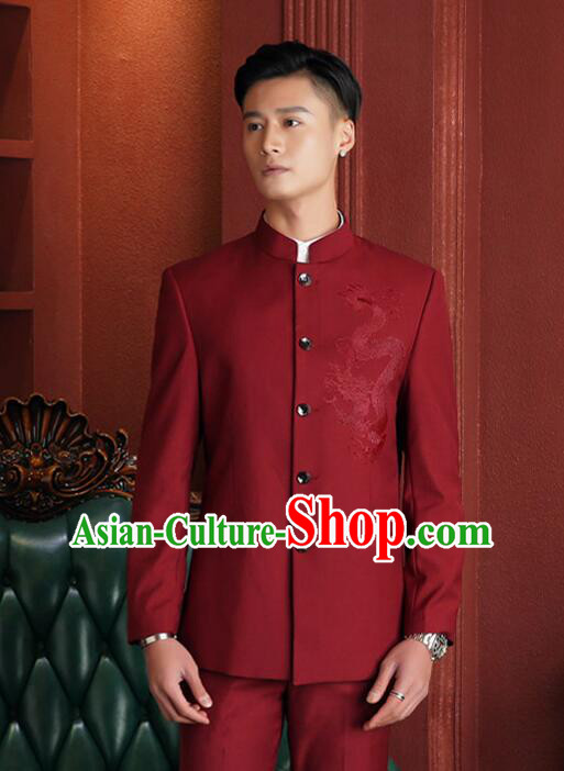 Chinese Traditional Wedding Suits Embroidered Gragon Groom Costumes Zhongshan Clothing Wine Red Tang Suits