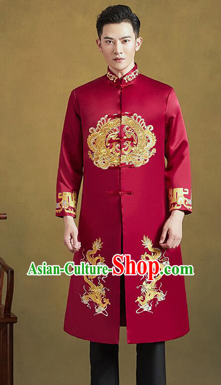 Chinese Embroidered Dragon Costumes Groom Long Mandarin Jacket Clothing Traditional Tang Zhuang Wedding Suits