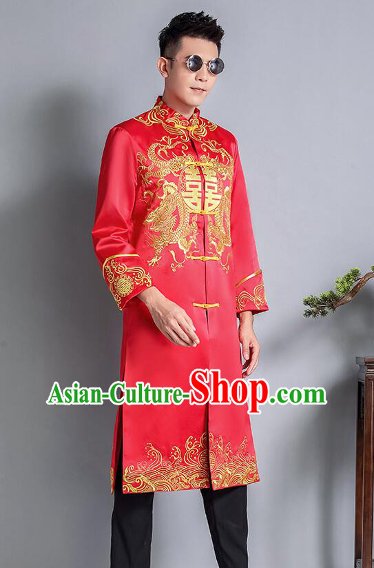 Chinese Traditional Tang Zhuang Embroidered Dragon Costumes Groom Long Mandarin Jacket Clothing Wedding Suits
