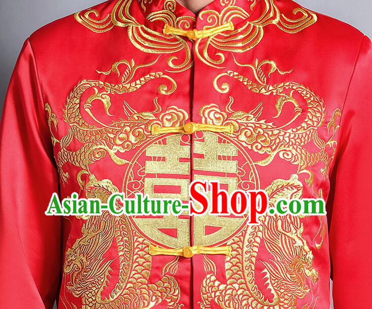 Chinese Traditional Tang Zhuang Embroidered Dragon Costumes Groom Long Mandarin Jacket Clothing Wedding Suits