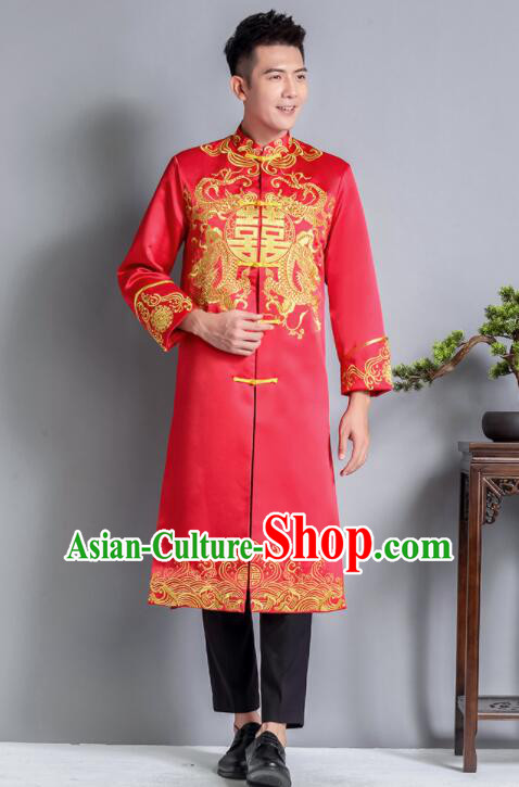 Chinese Traditional Tang Zhuang Embroidered Dragon Costumes Groom Long Mandarin Jacket Clothing Wedding Suits