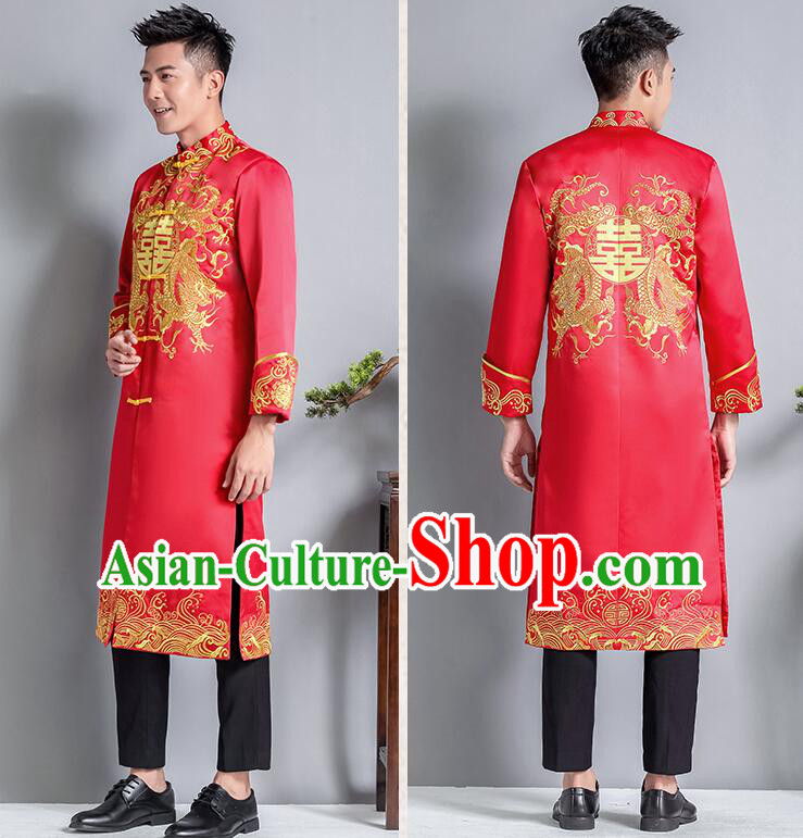 Chinese Traditional Tang Zhuang Embroidered Dragon Costumes Groom Long Mandarin Jacket Clothing Wedding Suits