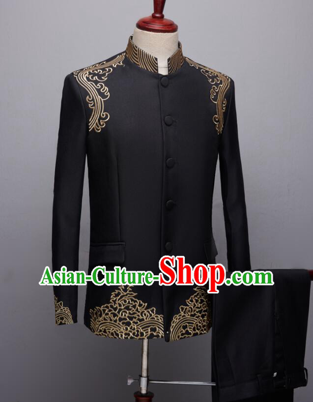 Chinese Wedding Suits Traditional Tang Zhuang Embroidered Costumes Groom Black Clothing