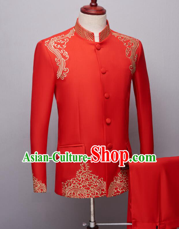 Chinese Groom Red Clothing Wedding Suits Traditional Tang Zhuang Embroidered Costumes