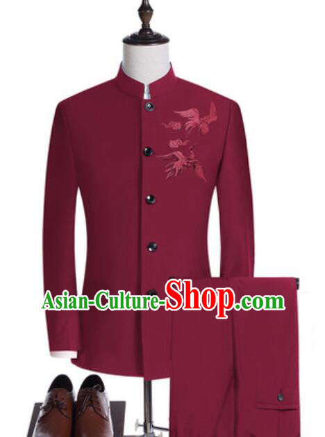 Chinese Tang Zhuang Costumes Groom Wine Red Zhongshan Clothing Traditional Embroidered Phoenix Wedding Suits